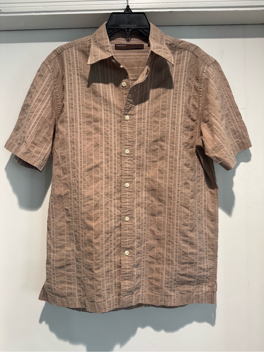 Perry Ellis Cotton Blend Shirt Mens L Tan Striped Short Sleeve Button Up